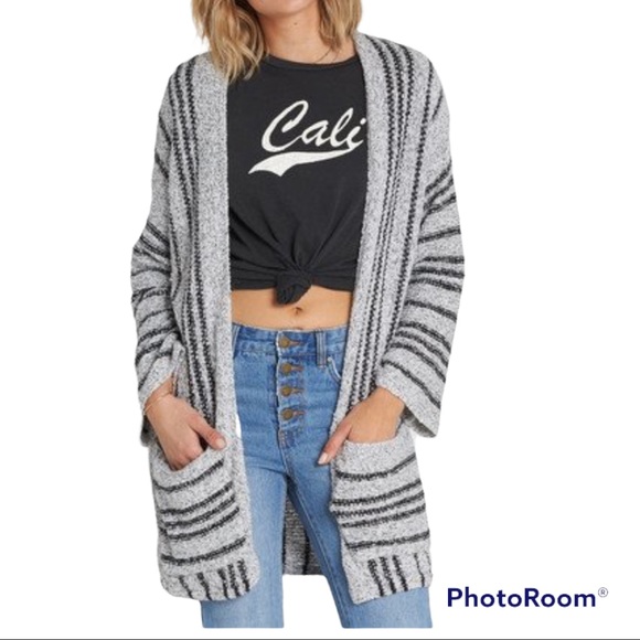 Billabong Sweaters - Billabong Grey Black Stripe Drug Rug Good Times Long Open Front Cardigan Size M